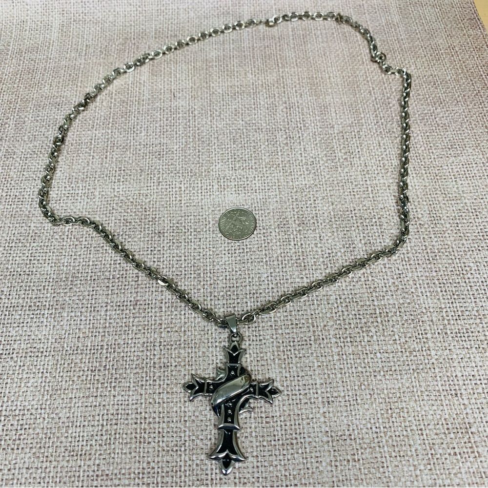 Stainless‎ Steel Black Enamel Scroll Cross Necklace